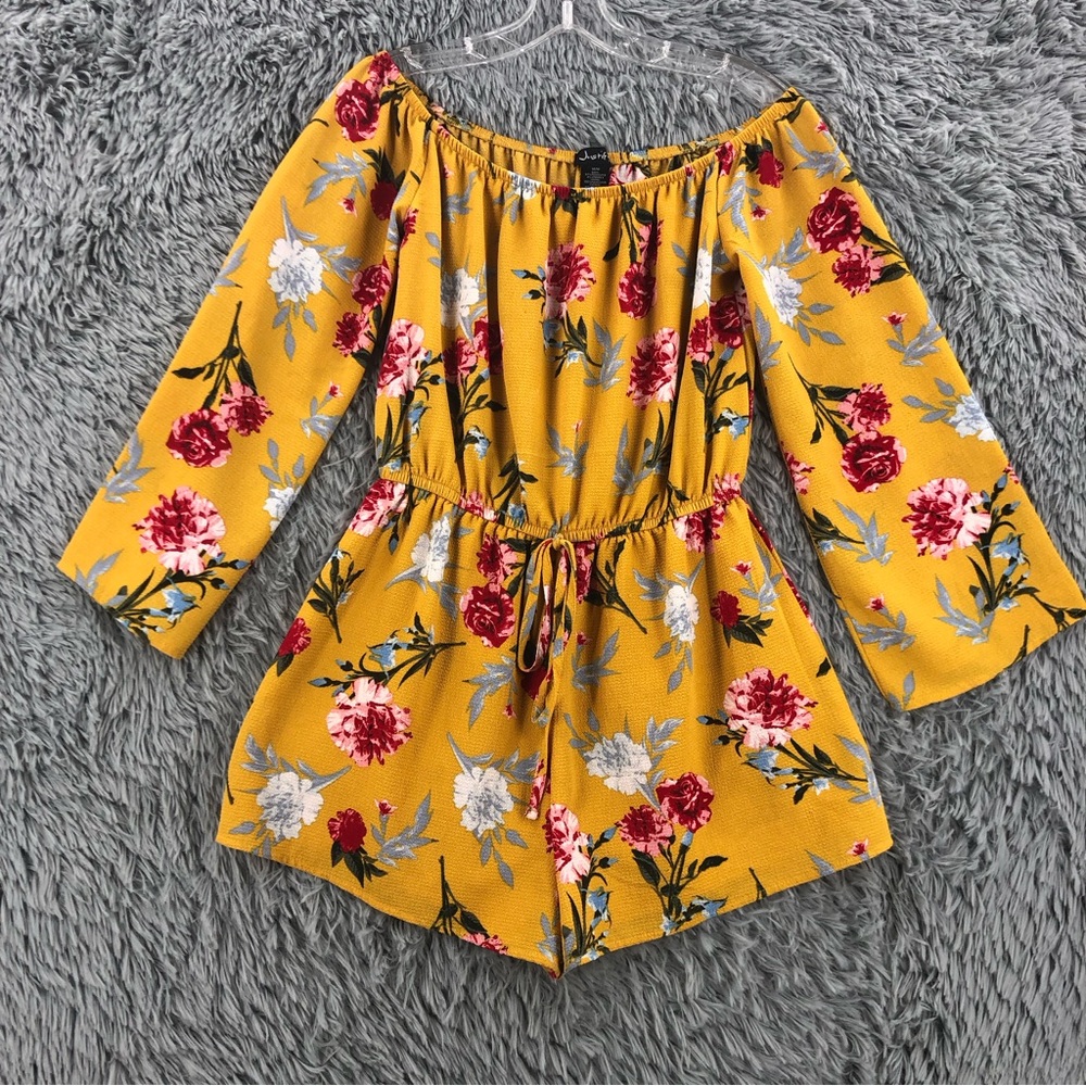 Justify Romper Womens Medium Yellow Flower Shorts Off Shoulder Cinch Waist
